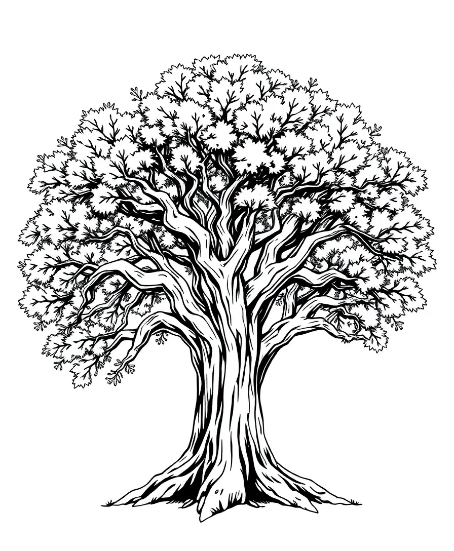 Line art of a majestic oak tree with bold outlines and intricate details