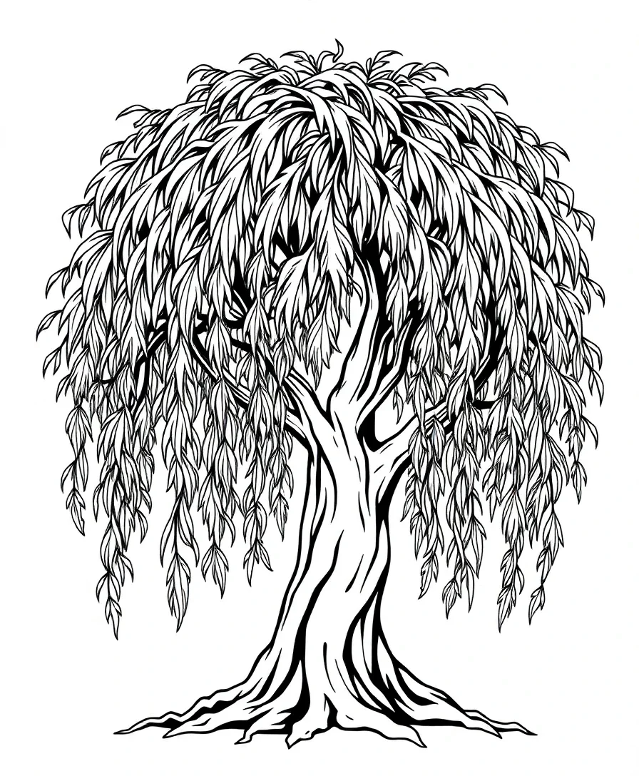 Line art of a whimsical willow tree with delicate, sweeping lines