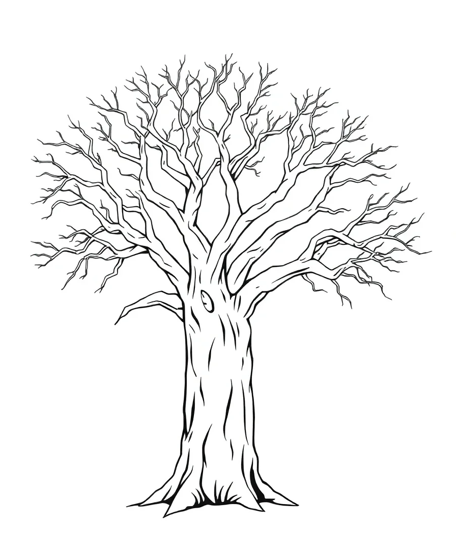 Line art of a mighty baobab tree with bold outlines