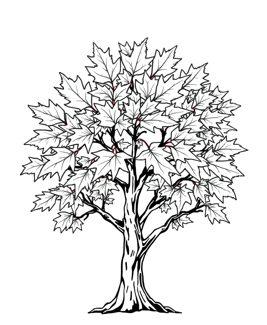 Line art of a fairy tale maple tree with bold outlines