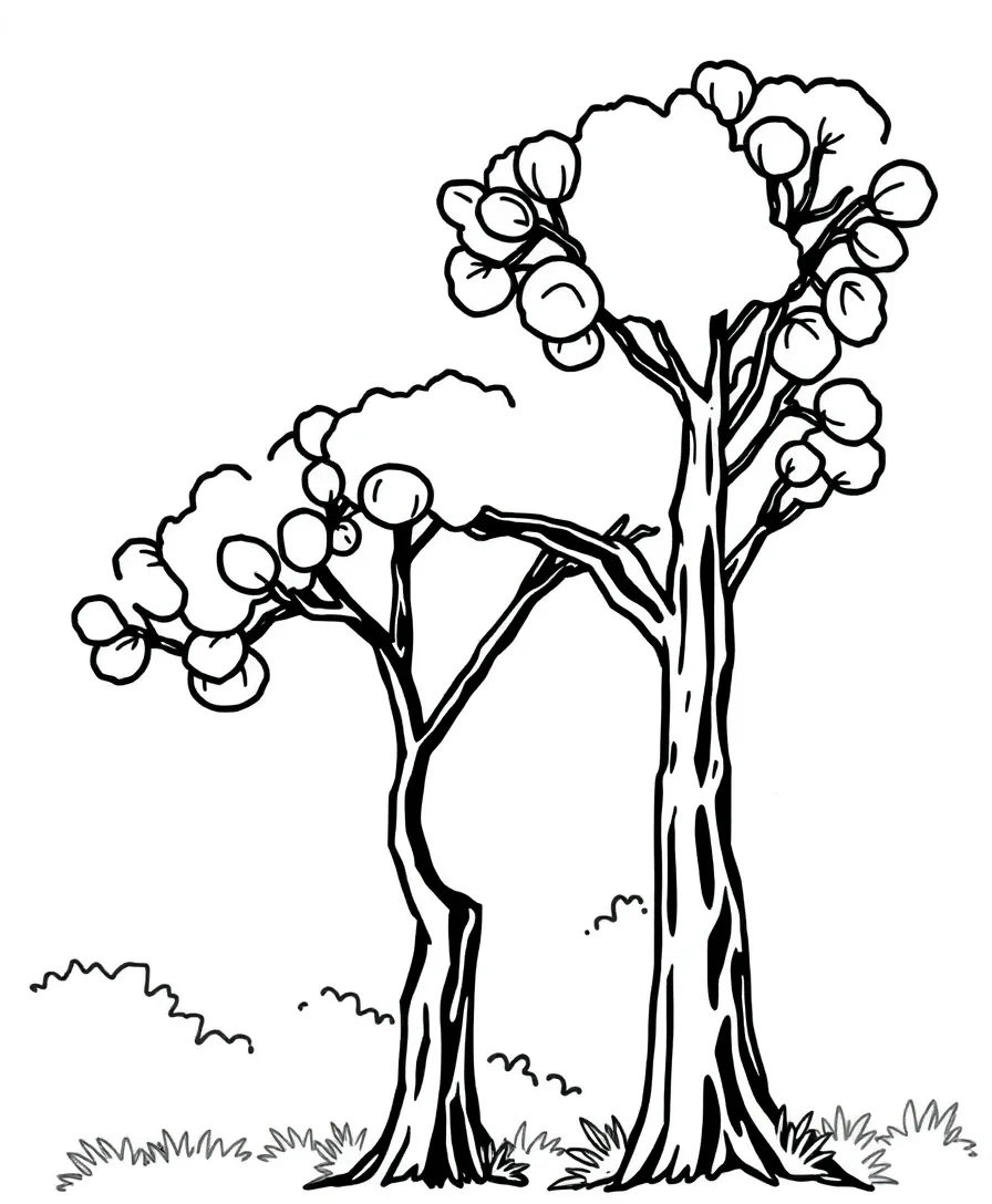 Line art of an ethereal eucalyptus tree with clean lines