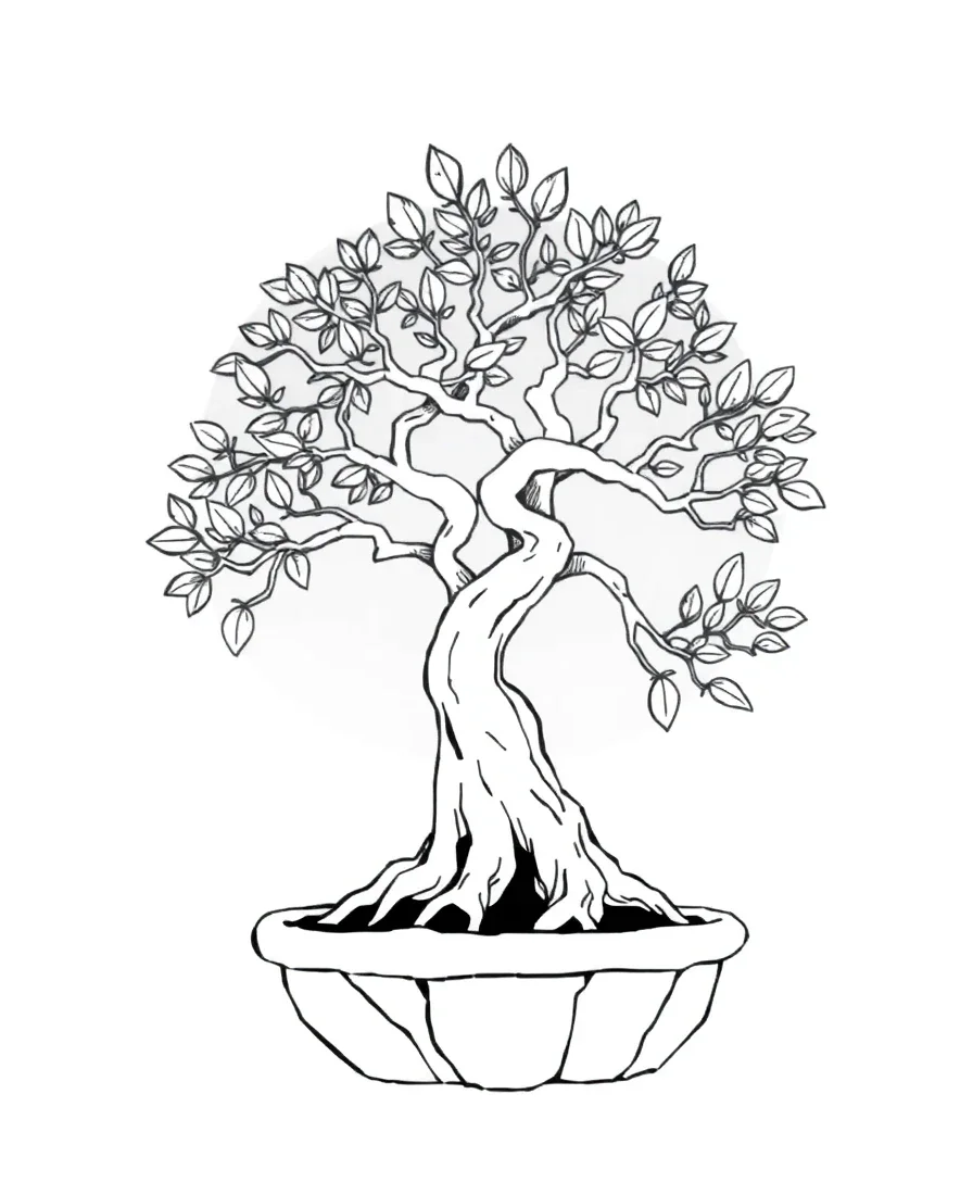 Line art of a bonsai tree with precise, intricate patterns