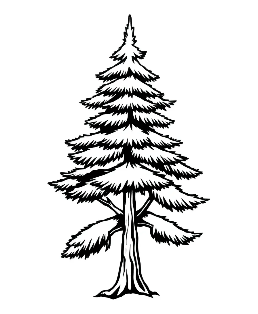 Line art of an enchanted pine tree with bold outlines