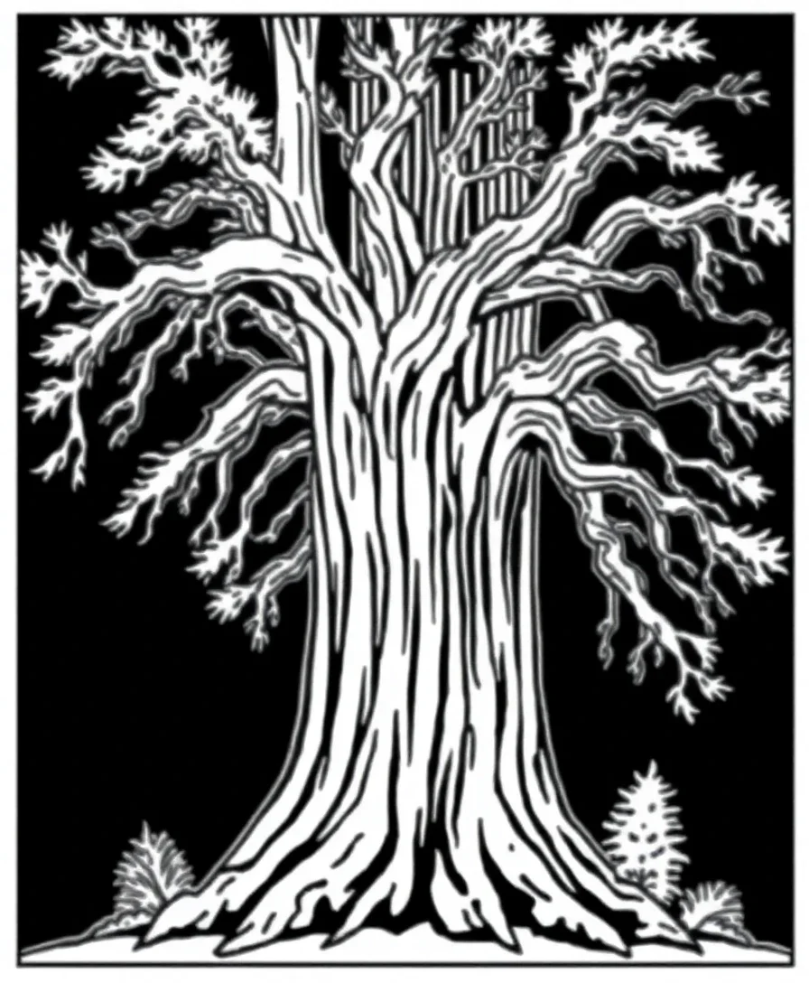 Line art of an ancient redwood tree with bold, detailed patterns