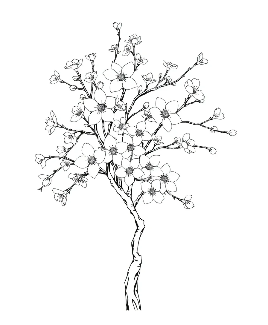 Line art of a charming cherry blossom tree with intricate line work