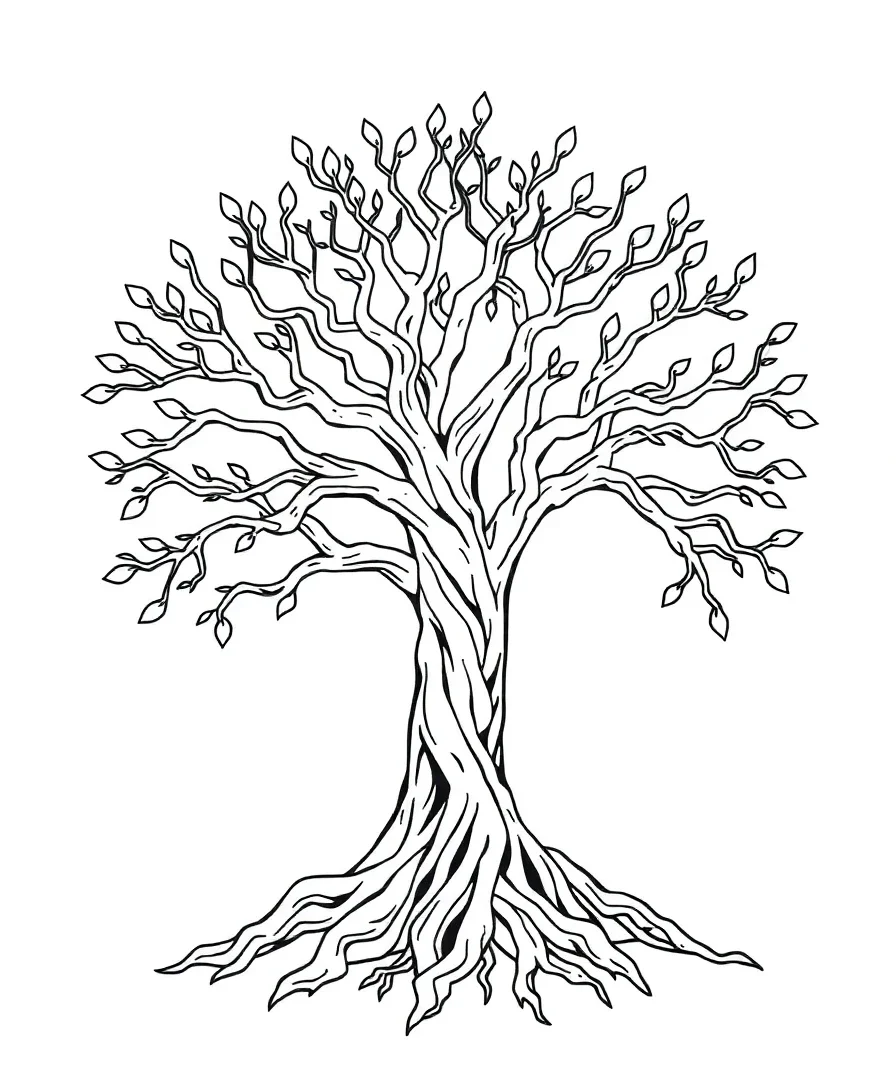 Line art of a Celtic Tree of Life with intricate knotwork and bold outlines