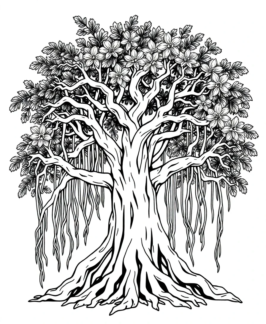 Line art of a mystical banyan tree with intricate patterns