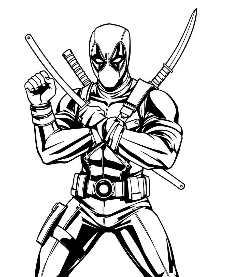 Deadpool in a combat pose with katanas, ideal for detailed coloring