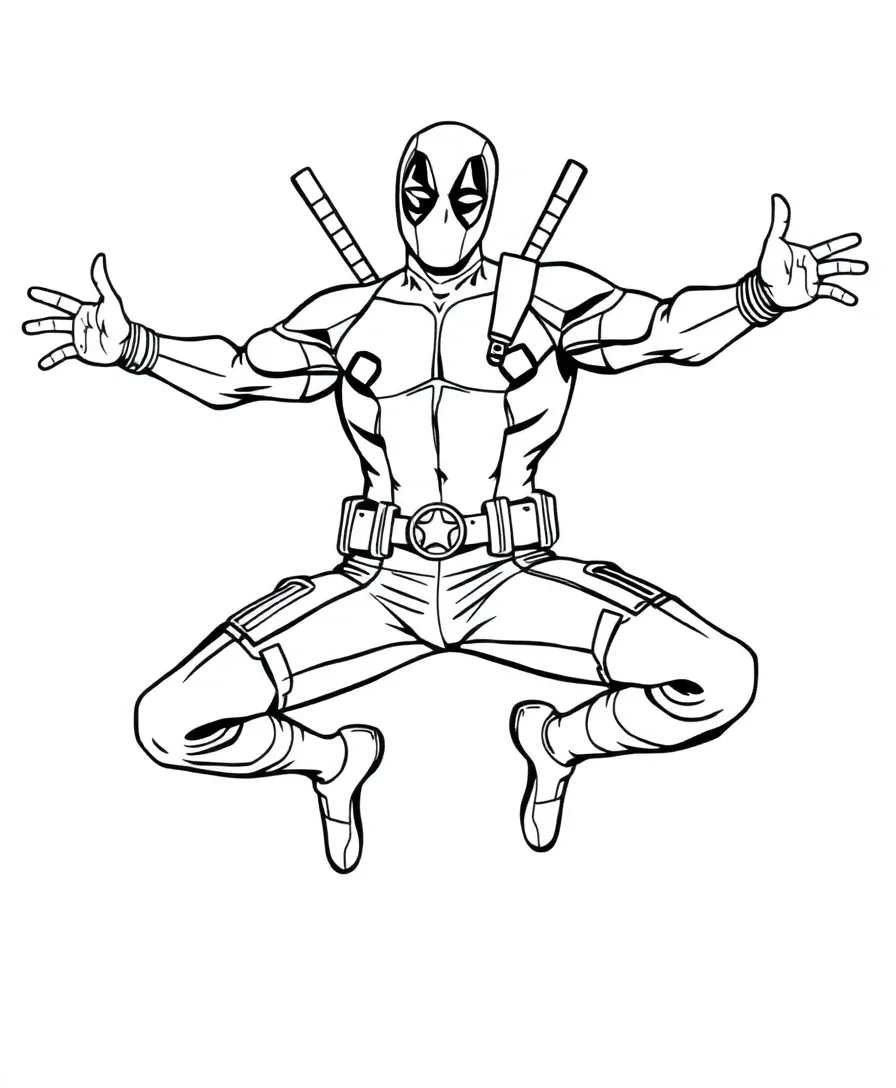Heroic Deadpool mid-jump, perfect for dynamic coloring