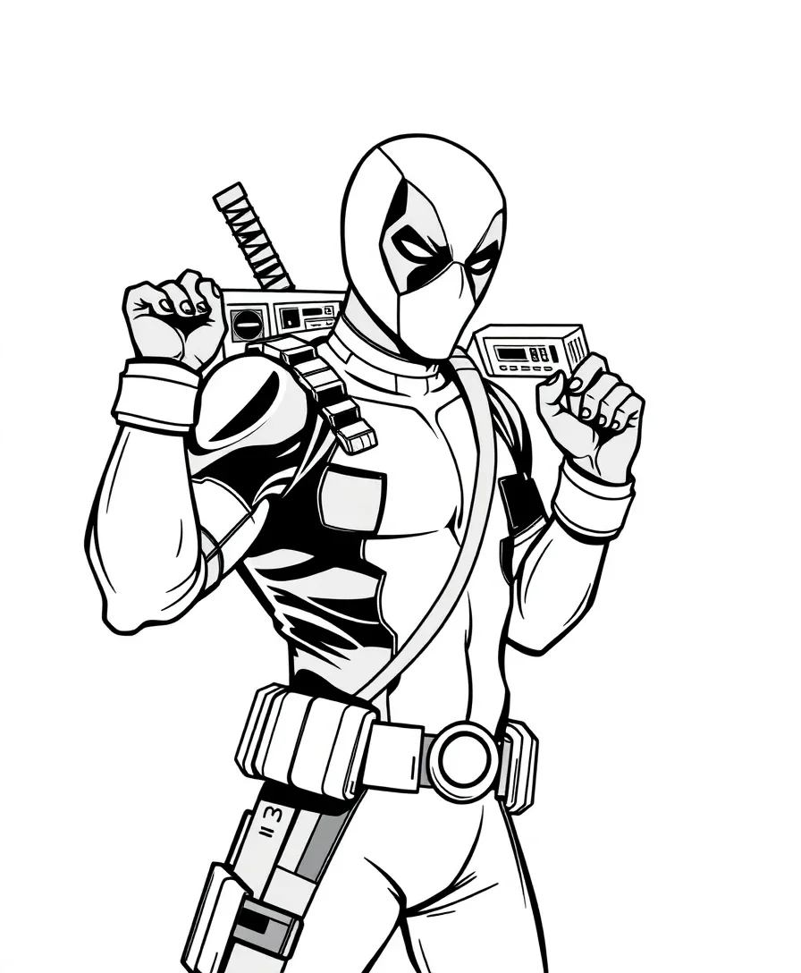 Retro-themed Deadpool with a boom box, offering a fun coloring experience