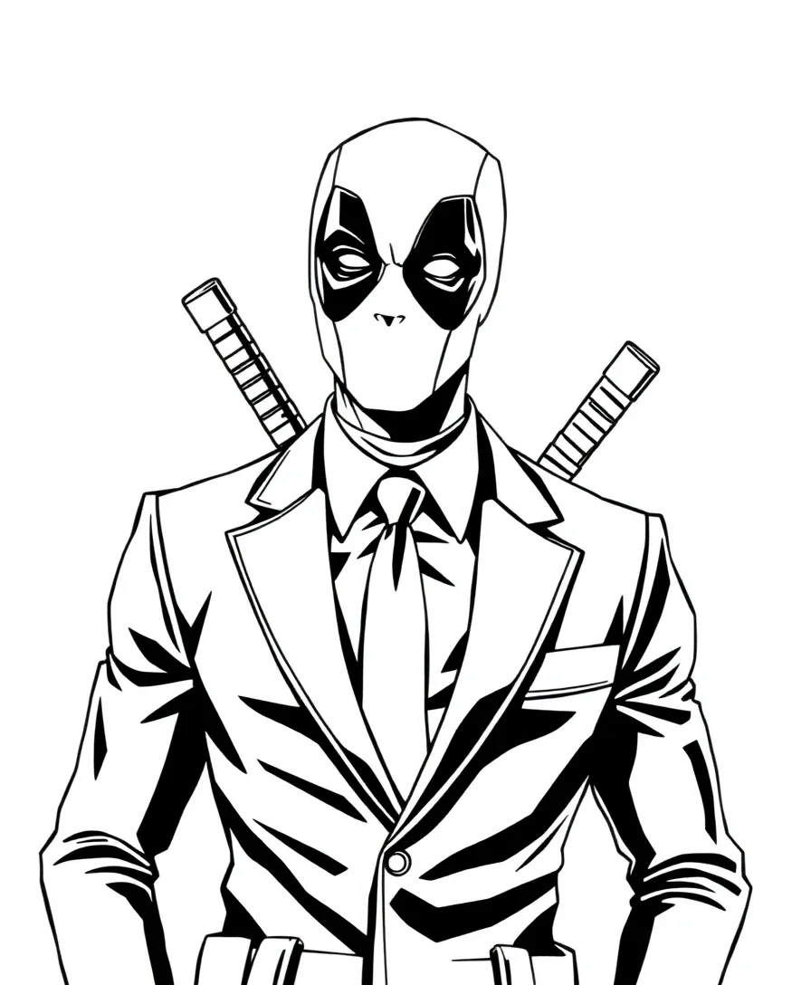 Sophisticated Deadpool in a suit, offering an elegant coloring challenge
