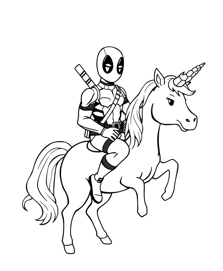 Deadpool on a unicorn, offering a whimsical coloring experience