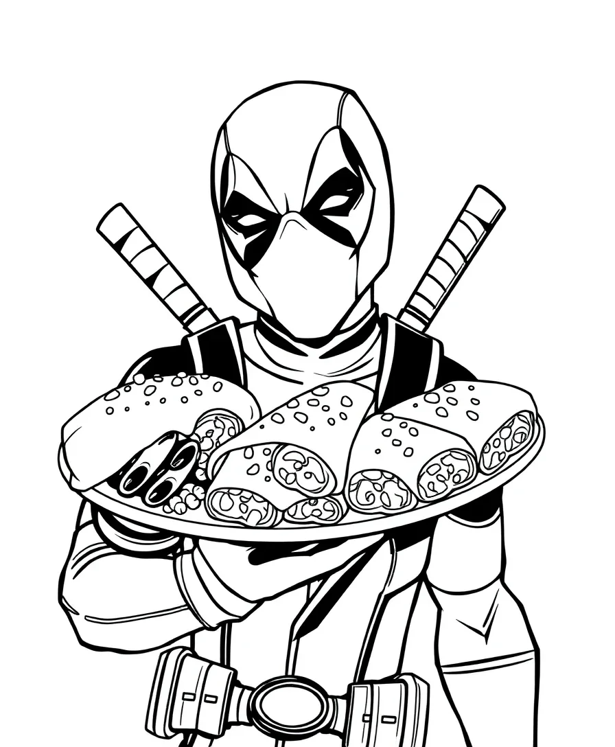 Deadpool enjoying chimichangas, perfect for playful coloring