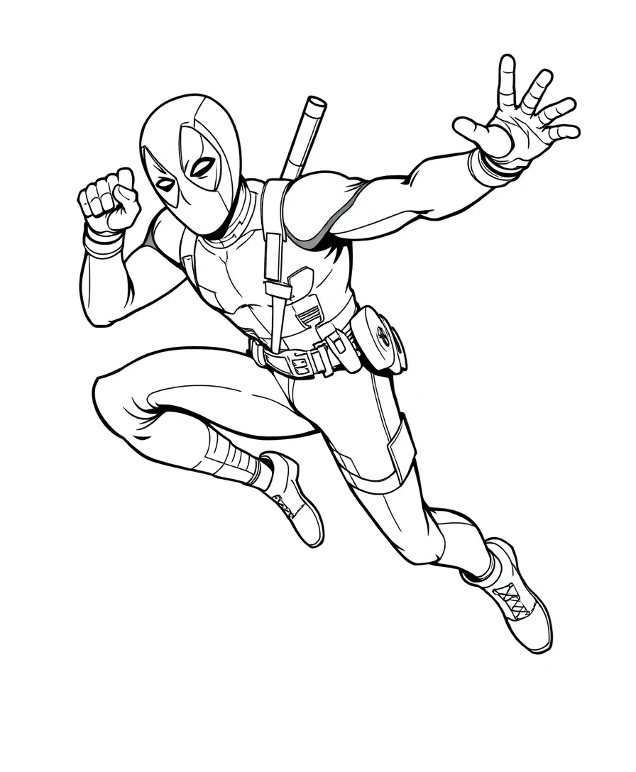 Dynamic action scene of Deadpool leaping, offering an engaging coloring challenge