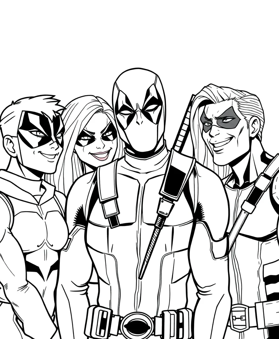 Deadpool with friends, providing a lively group coloring scene