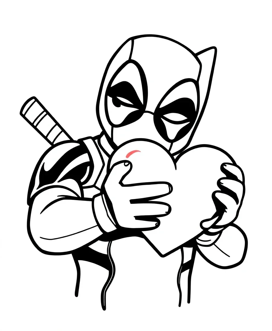 Heartwarming Deadpool holding a heart, perfect for expressive coloring