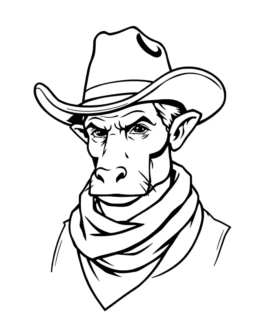 A cowboy wearing a classic western hat and a scarf, featuring bold outlines and intricate line work.