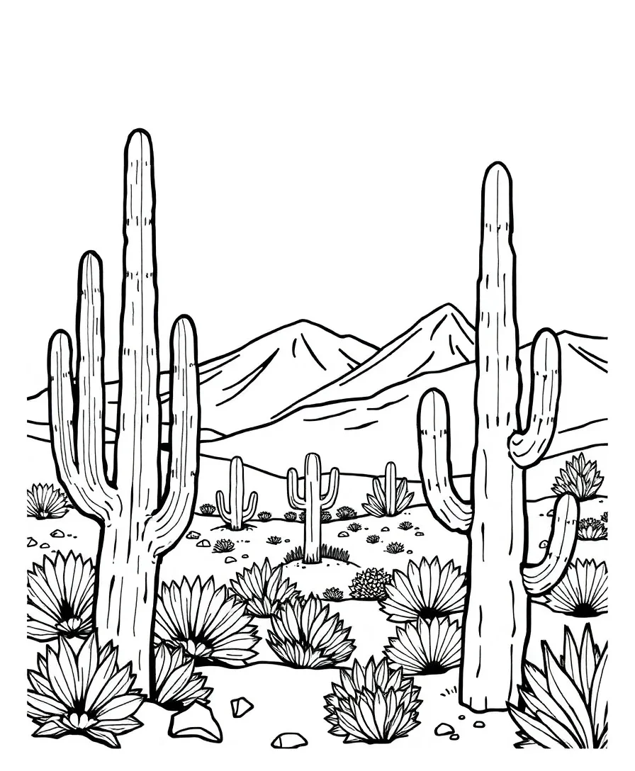 A western desert scene with cacti and rolling hills, showcasing clean lines and simple shapes.
