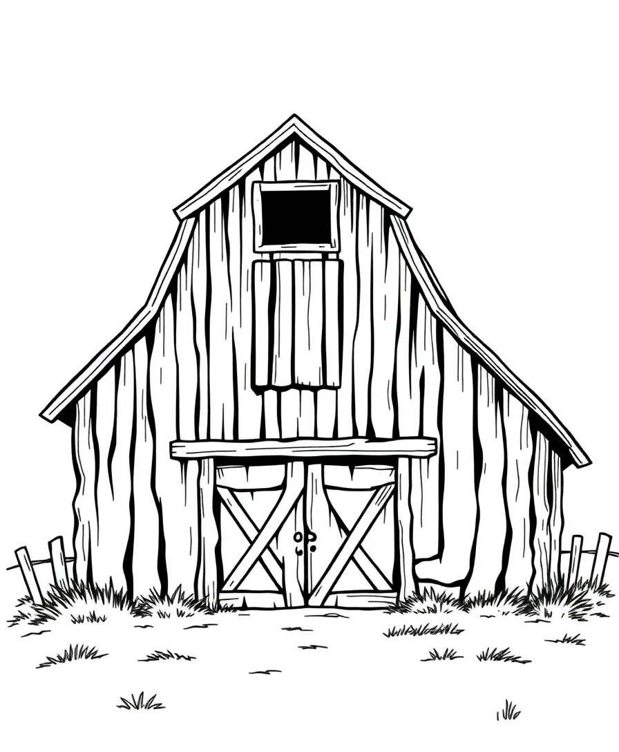 An old western barn with simple architecture, featuring bold outlines and rustic details.