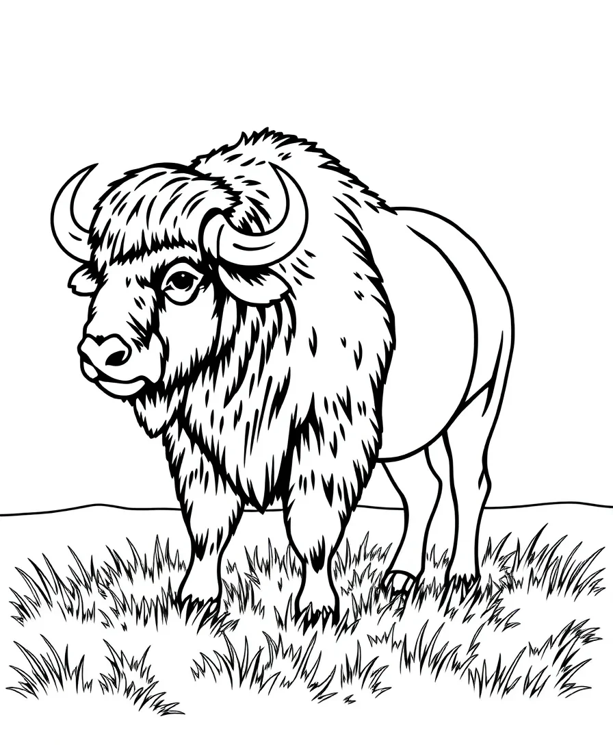 A buffalo standing on a grassy plain, with flowing lines and bold outlines capturing its majesty.