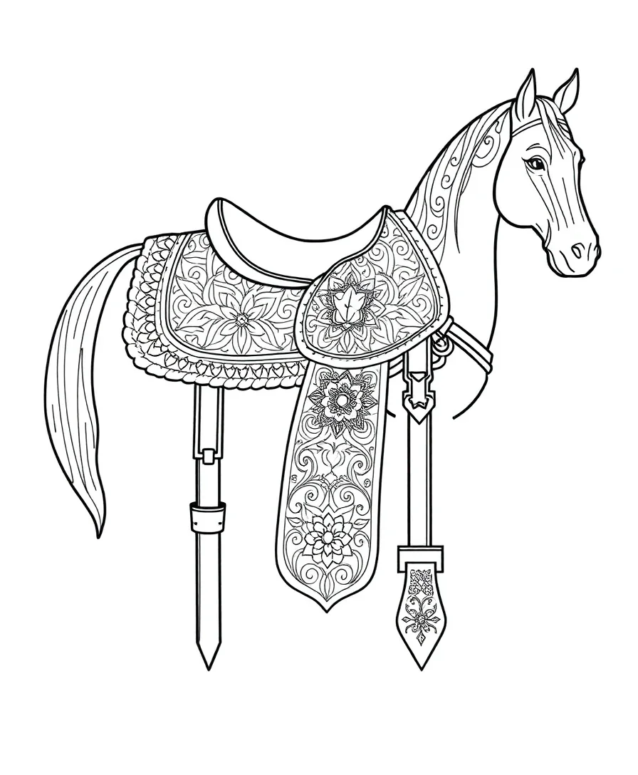 A detailed horse saddle with elegant patterns, featuring intricate line work and bold outlines.