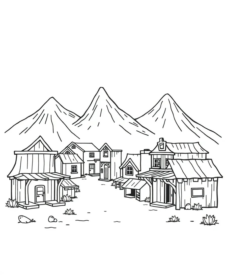 A western frontier town with simple buildings, showcasing clean lines and a nostalgic design.