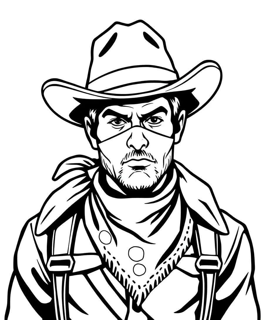 A lone ranger wearing a hat and bandana, featuring bold outlines and simple forms.