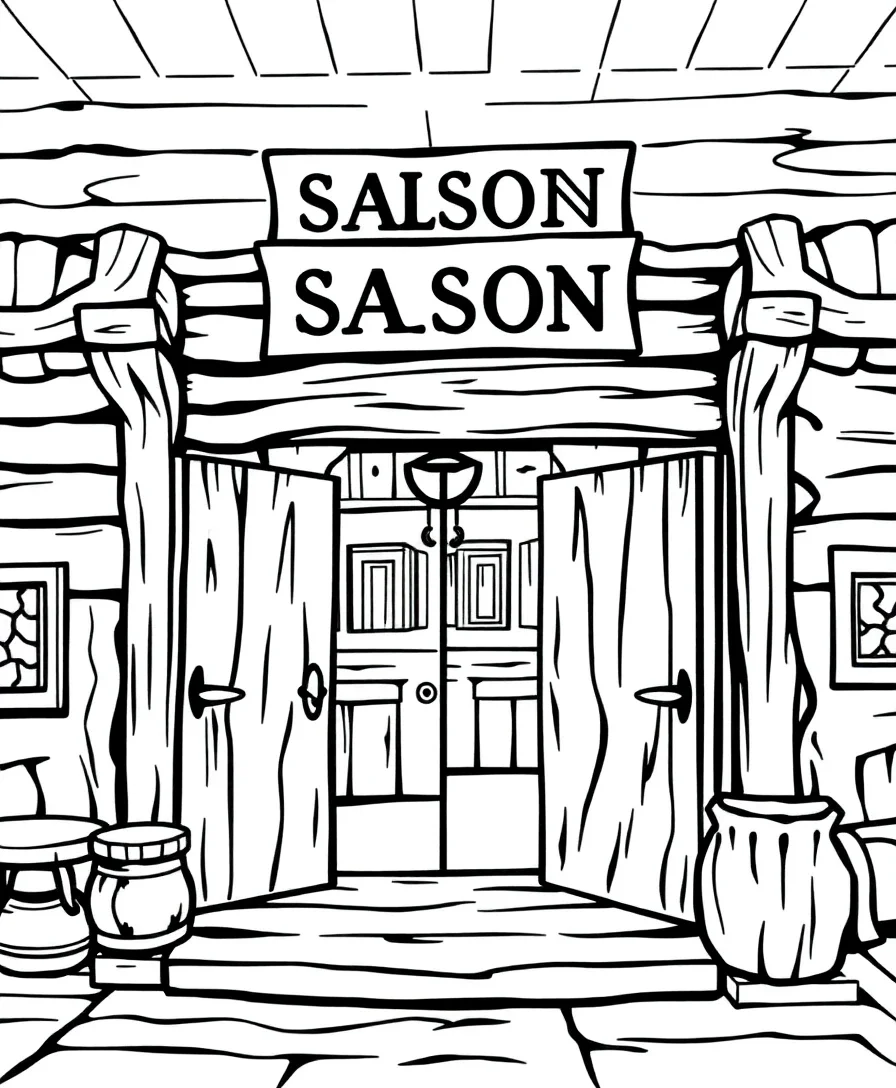 A classic western saloon with swinging doors, featuring detailed architectural elements and bold outlines.