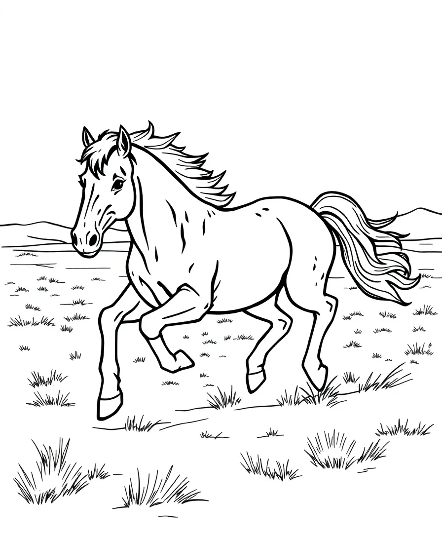A wild mustang galloping across an open plain, with flowing lines capturing its elegant form.
