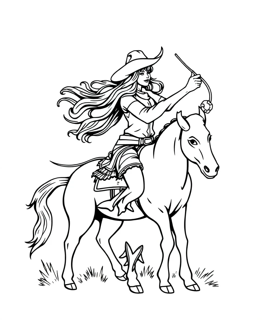 A cowgirl spinning a lasso, with bold outlines and detailed clothing patterns.