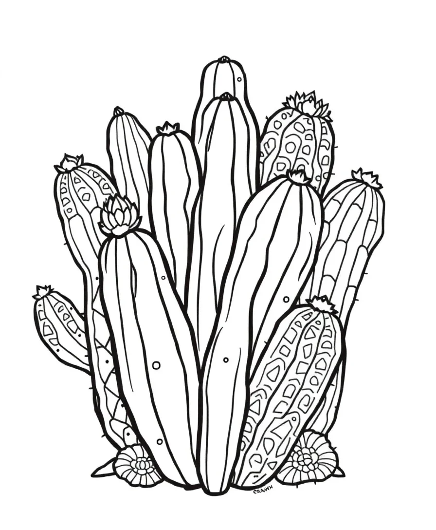 A cluster of cacti with detailed patterns, featuring striking outlines and simple forms.