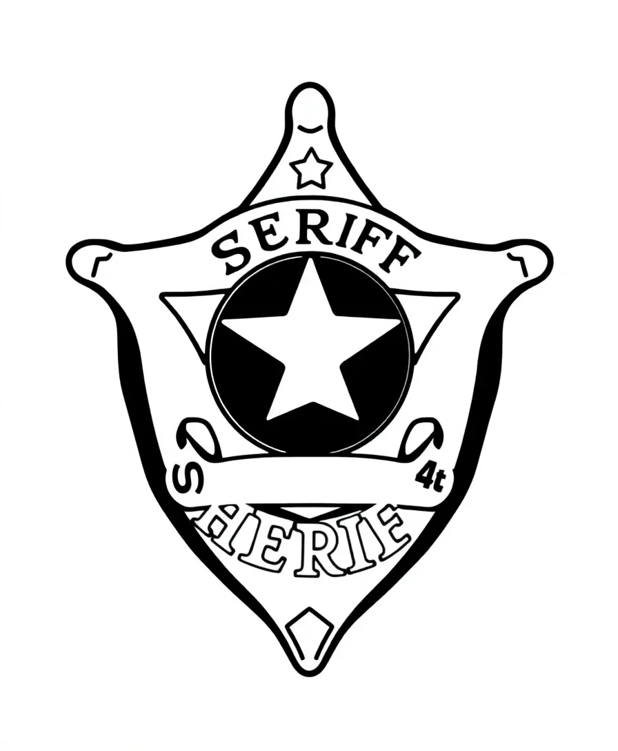 A sheriff badge featuring a star and lettering, with bold outlines and clean design.