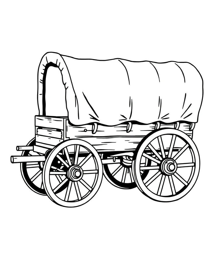 A traditional western wagon with a cover and detailed wheels, showcasing intricate wooden structures.