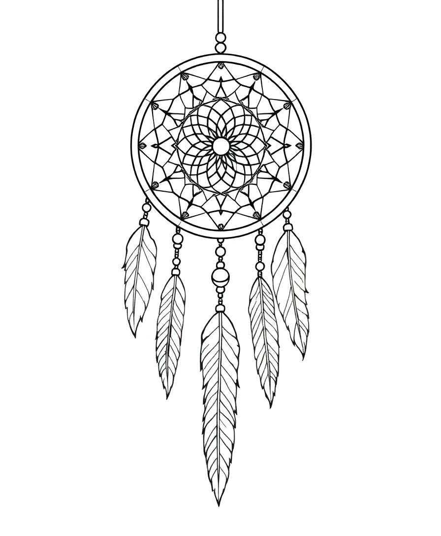 A dreamcatcher with feathers and intricate webbing, featuring elegant patterns and detailed line work.