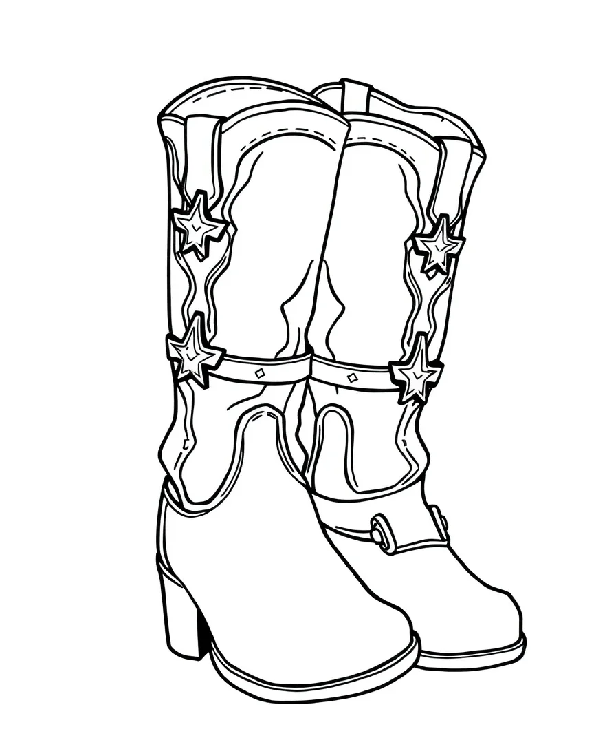 A pair of western boots with spurs, showcasing bold outlines and detailed stitching.