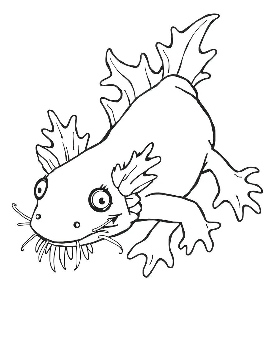 Line art of an adorable axolotl with elegant frills