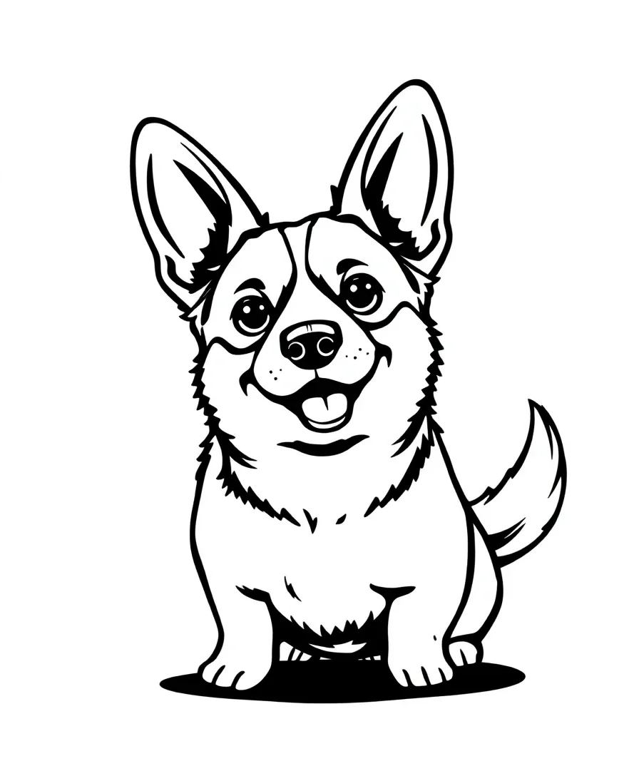 Line art of a cheery corgi with bold outlines