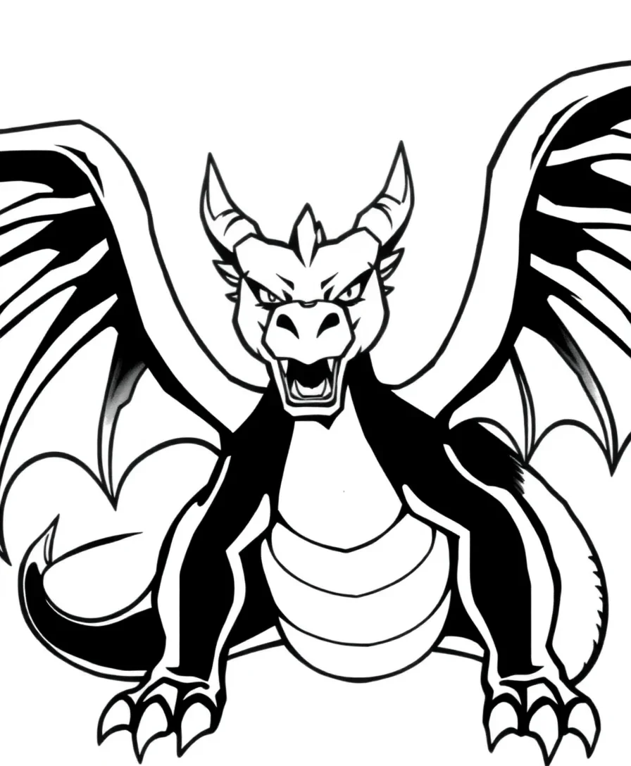Line art of a majestic dragon with intricate patterns