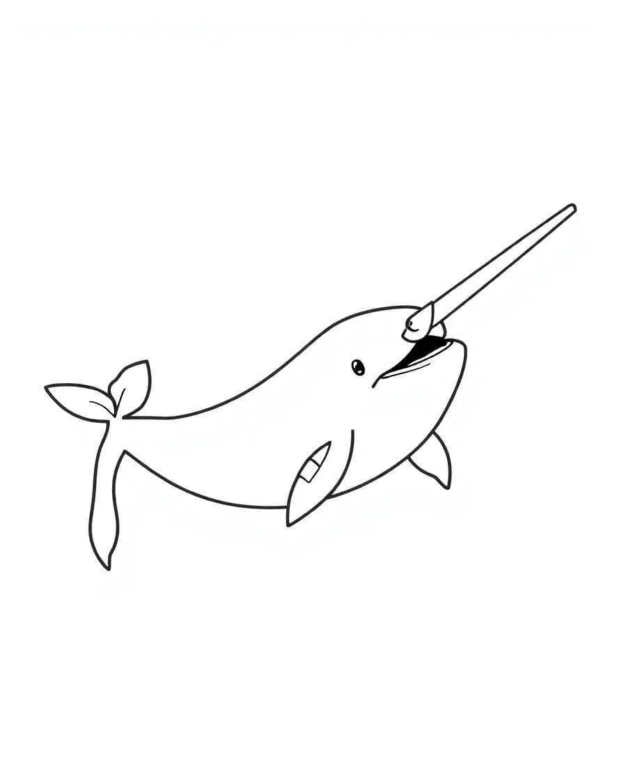 Line art of a whimsical narwhal with a unique tusk