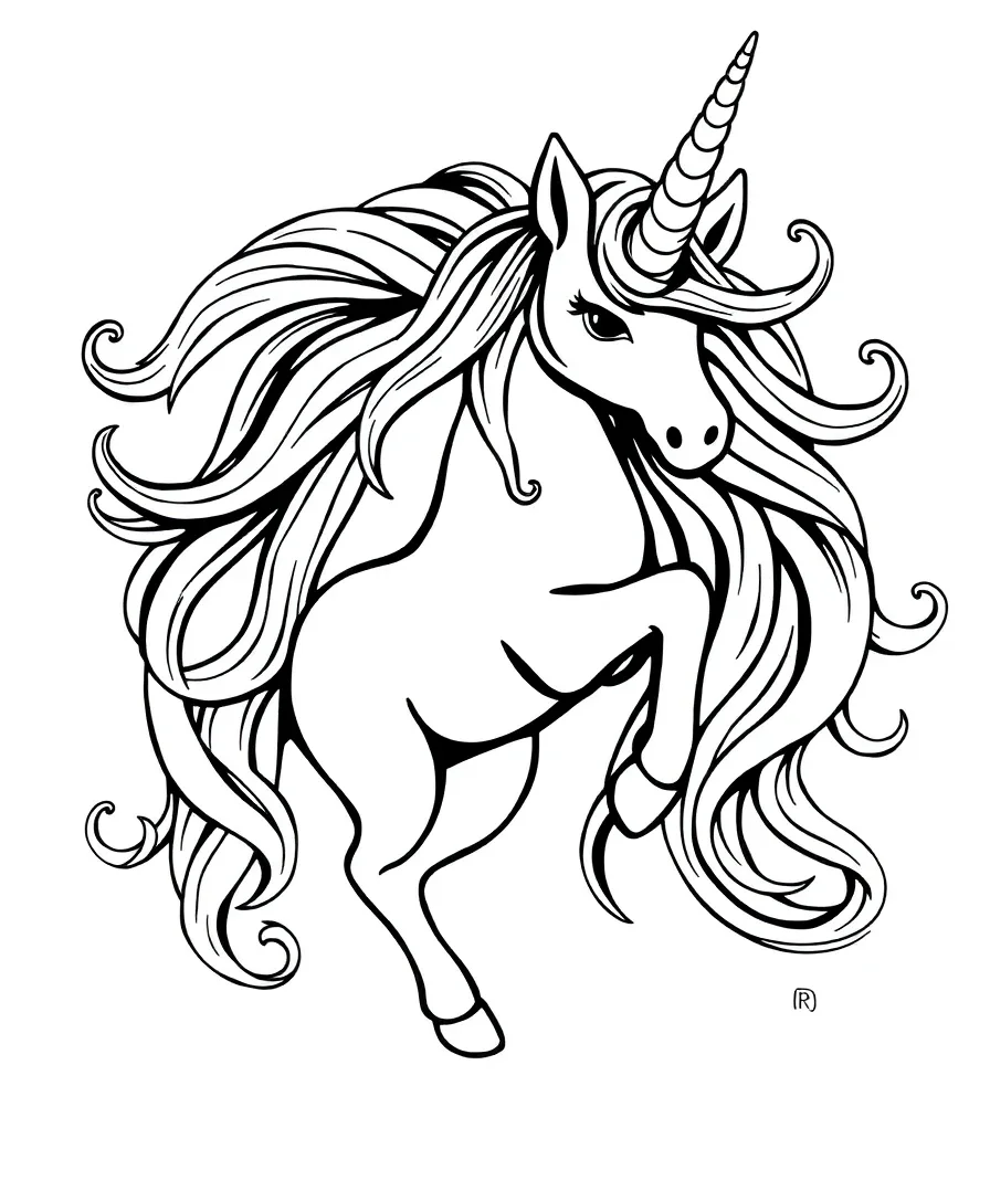 Line art of a charming unicorn with a flowing mane