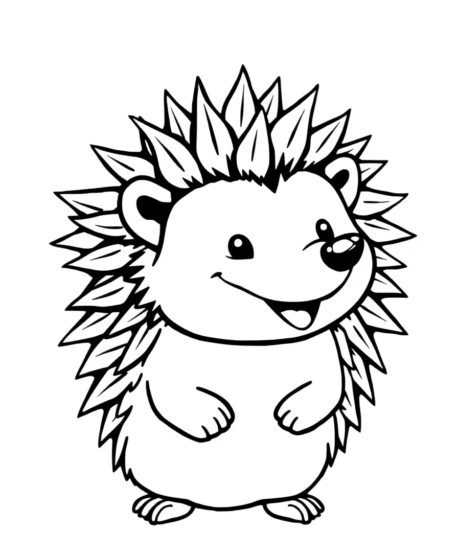 Line art of a happy hedgehog with detailed spikes