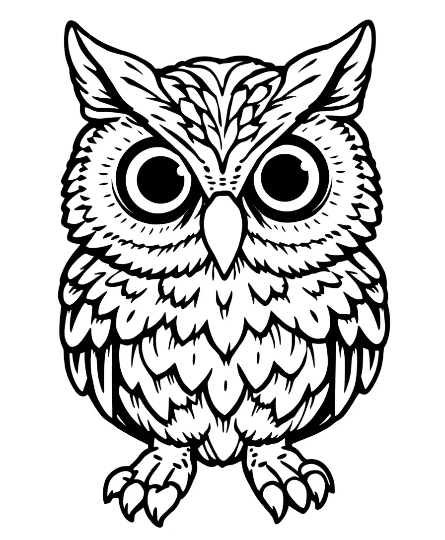 Line art of a friendly owl with intricate feather details