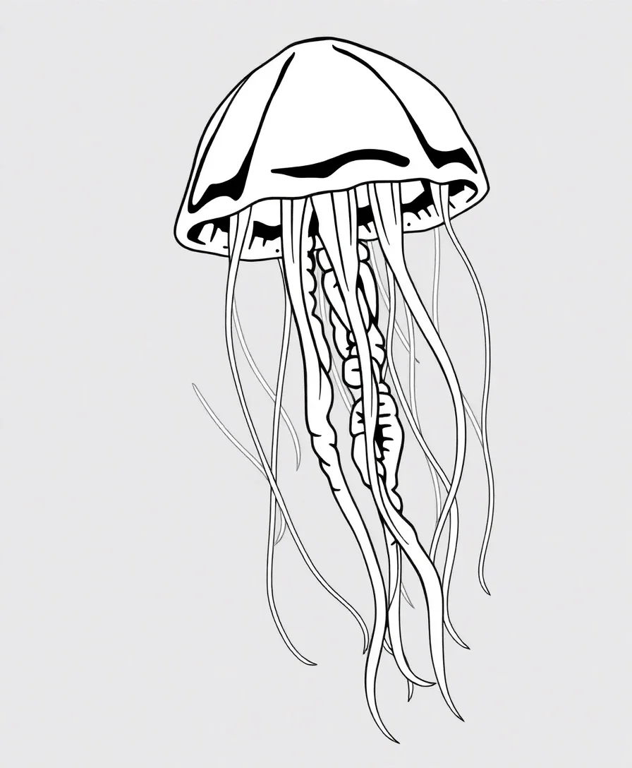 Line art of a joyful jellyfish with flowing tentacles