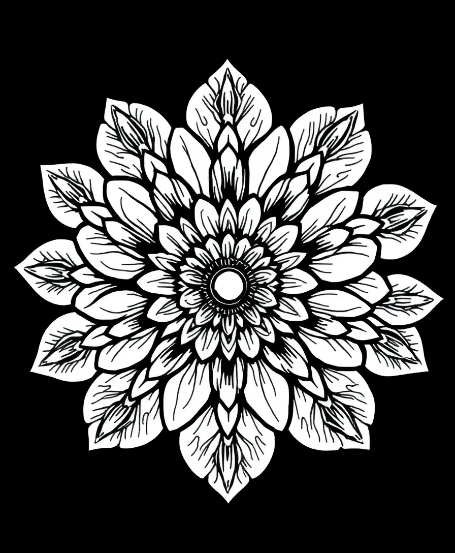 A circular floral mandala with intricate petal patterns designed for coloring