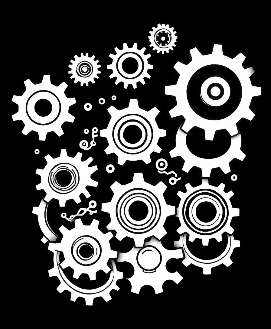 Mechanical designs featuring gears and cogs with intricate line work for coloring