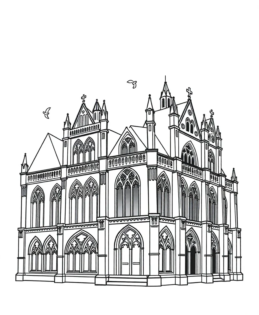 Gothic architecture featuring pointed arches and detailed facades with bold outlines