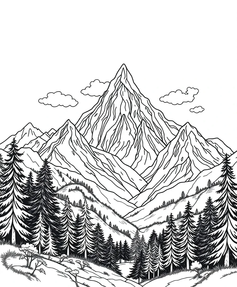 A fantasy landscape featuring mystical mountains and enchanted forests, perfect for coloring