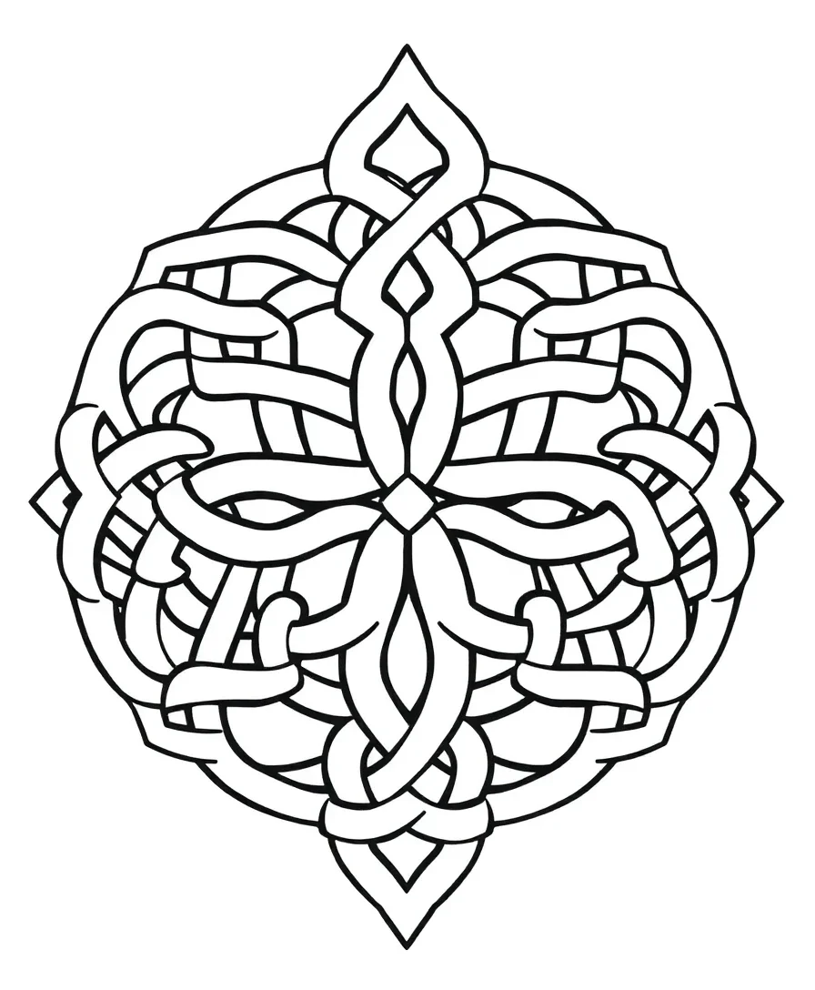 Celtic knots featuring intricate interlacing patterns and bold outlines for coloring