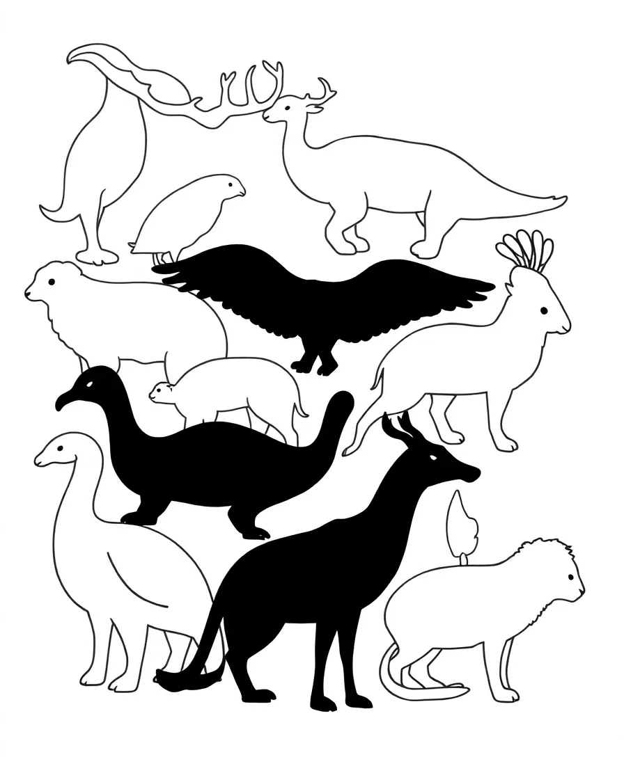 Animal silhouettes with bold outlines, featuring a lion, butterfly, and more for coloring