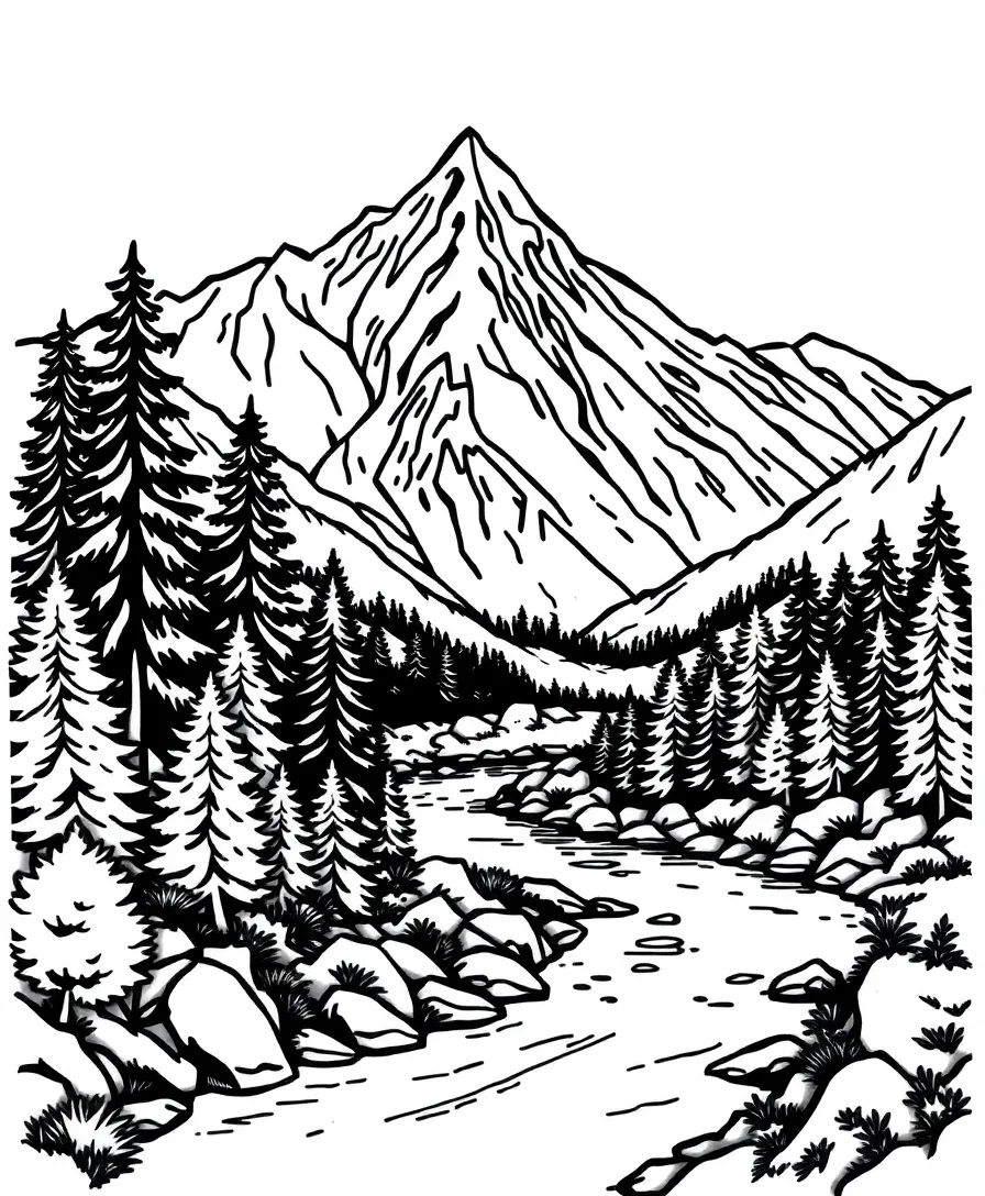 A nature scene with trees, mountains, and a river, designed with bold outlines for coloring